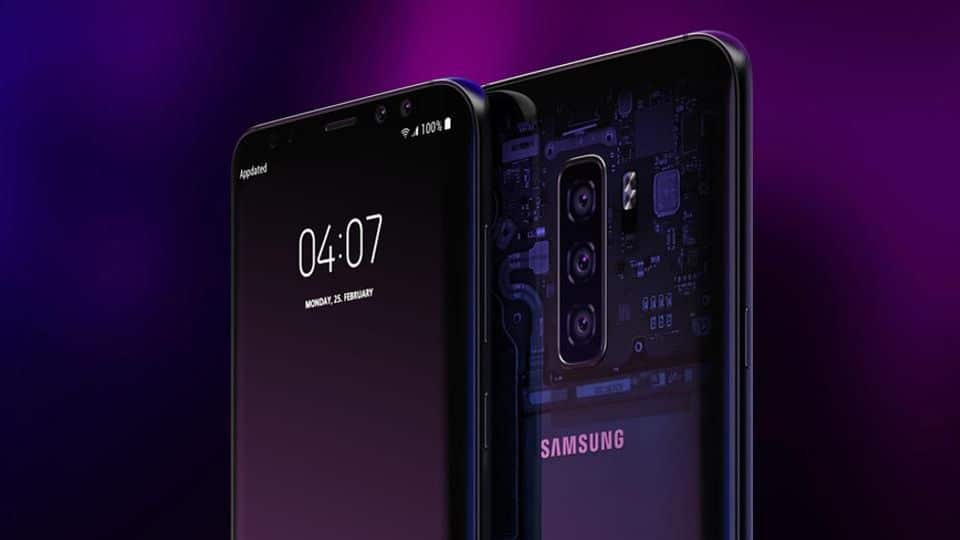 Two Samsung smartphones: one showing the time "04:07" and the date "Monday, 24 January" on the screen, the other displaying its transparent back, revealing internal components. Both are set against a gradient purple and blue background, possibly hinting at a radical upgrade similar to rumors of a leaked Samsung Galaxy S10.