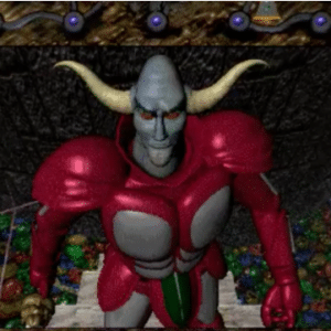 A fantasy creature wearing red and silver armor stands in a menacing pose. The character has a horned helmet, glowing red eyes, and an intimidating expression. The background resembles the dark, rocky environments often seen in rare Japanese games, with colorful, gem-like objects scattered below.