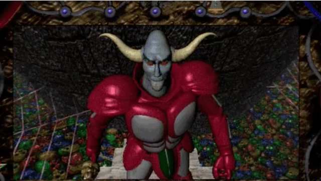 A fantasy creature wearing red and silver armor stands in a menacing pose. The character has a horned helmet, glowing red eyes, and an intimidating expression. The background resembles the dark, rocky environments often seen in rare Japanese games, with colorful, gem-like objects scattered below.