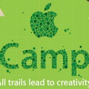 A digital image with a stylized map background featuring a large green Apple logo composed of small circles, along with the text "Apple Camp" written in a similar style. Below, the text reads "All trails lead to creativity." The map includes labeled points like "USB Trail" and "Presentation Plains." Register for Summer 2018!