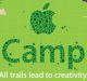 A digital image with a stylized map background featuring a large green Apple logo composed of small circles, along with the text "Apple Camp" written in a similar style. Below, the text reads "All trails lead to creativity." The map includes labeled points like "USB Trail" and "Presentation Plains." Register for Summer 2018!