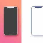 Two smartphone mockups are displayed side by side. The left phone, resembling a 2018 iPhone X, has a black screen with a gradient pink-to-orange background, while the right phone has a white screen with a thin blue border and a white background. An Adobe XD logo is in the bottom right corner.