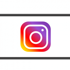 A smartphone graphic displaying the Instagram logo on its screen, perfect for a social media marketing campaign. The logo features a square format with rounded edges and a gradient background transitioning from yellow to purple, housing a white outline of a camera in the center.