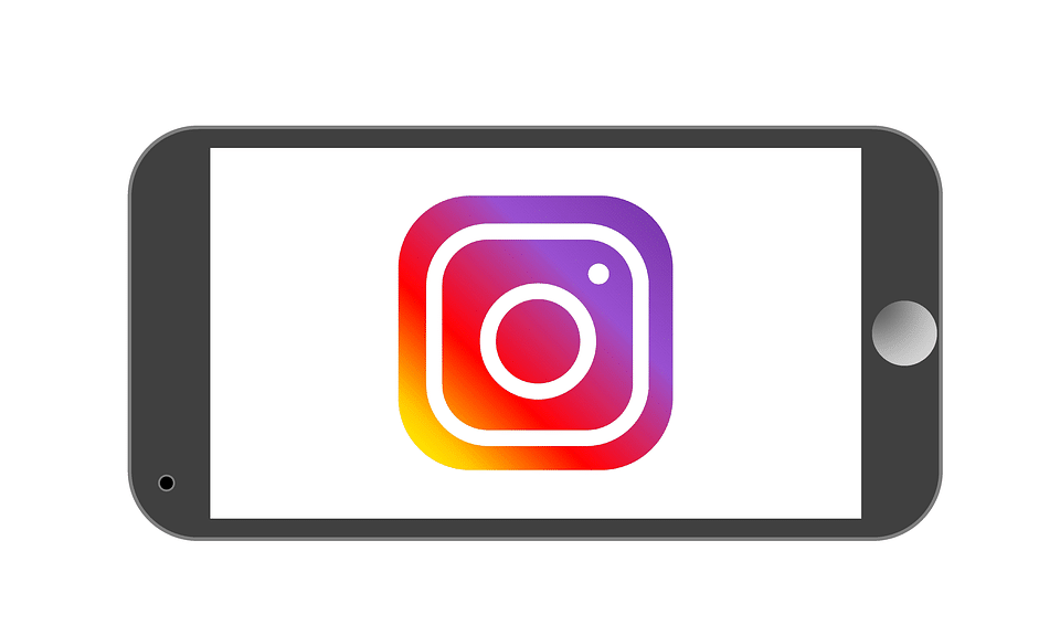 A smartphone graphic displaying the Instagram logo on its screen, perfect for a social media marketing campaign. The logo features a square format with rounded edges and a gradient background transitioning from yellow to purple, housing a white outline of a camera in the center.