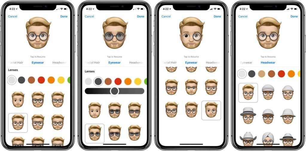 Four smartphone screens are shown with the Memoji customization interface on an iPhone X. Each screen features a cartoon avatar of a blonde-haired person with various eyewear options such as glasses and sunglasses. The bottom of each screen displays different accessory choices for creating your ideal Memoji.