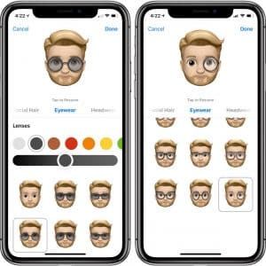 Four smartphone screens are shown with the Memoji customization interface on an iPhone X. Each screen features a cartoon avatar of a blonde-haired person with various eyewear options such as glasses and sunglasses. The bottom of each screen displays different accessory choices for creating your ideal Memoji.