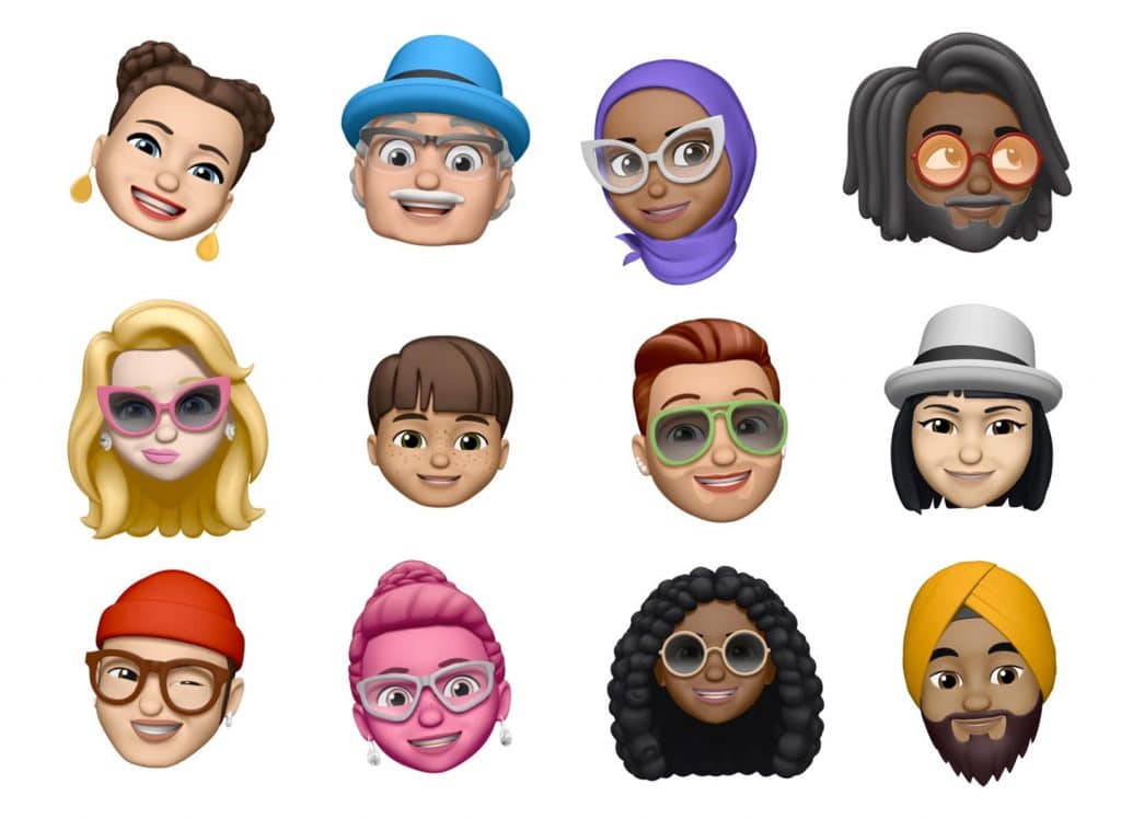 A grid of twelve diverse animated Memoji avatars, each showcasing unique features, hairstyles, and accessories such as glasses, hats, and headscarves. The avatars display a range of expressions and styles, reflecting various identities. Create your own on the iPhone X. The background is white.