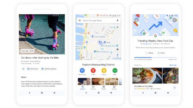 Three smartphone screens display different functionalities of a map application. The left screen highlights an event page for disco roller skating by a lake, the middle screen showcases a Google Maps view of New York City, and the right screen shows personalised recommendations in NYC's trending section for weekly activities.