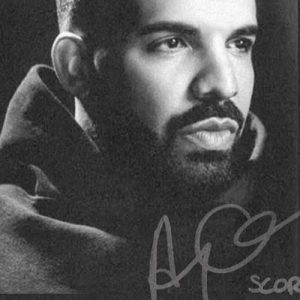 Grayscale image of a man with a pensive expression, wearing a thick high-collared garment. The image resembles album art and features a handwritten signature with the word "Scorpion" written in the bottom right corner, hinting at Drake's Scorpion album.