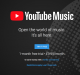 A promotional image for YouTube Music featuring the logo and tagline: "Open the world of music. It's all here." Enjoy a 1-month free trial at £9.99/month after. Save more with a family membership. Hit the "TRY IT FREE" button and start streaming right away!