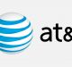 A logo featuring a blue and white striped globe on the left, representing a stylized sphere with layered curved lines symbolizing AT&T's reach in mobile 5G cities, next to lowercase black letters "at&t" on the right, all set against a light gray background.