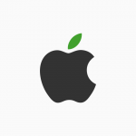A black Apple silhouette with a bite taken out of the right side, and a green leaf symbolizing sustainability attached to the stem on top against a white background.