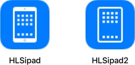 Two app icons are shown side by side. The first icon, labeled "HLSipad," features a white outline of an iPad with a grid of app icons on a blue background. The second icon, labeled "HLSipad2," depicts the same iPad outline and app grid, resembling a design suited for iOS 12 on the new iPad.