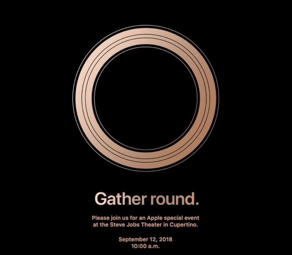 A black background with a gold circle in the center. Below the circle, text reads: "Gather round. Please join us for an Apple special event at the Steve Jobs Theater in Cupertino on September 12, 2018, at 10:00 a.m.