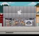 A cartoon-style image of an Apple Store facade in a scene reminiscent of South Park. Flanked by a fast-food restaurant on the left and another retail store on the right, it features a large Apple logo above its entrance. Inside, people are seen interacting with products and displays. Mountains are visible in the background.