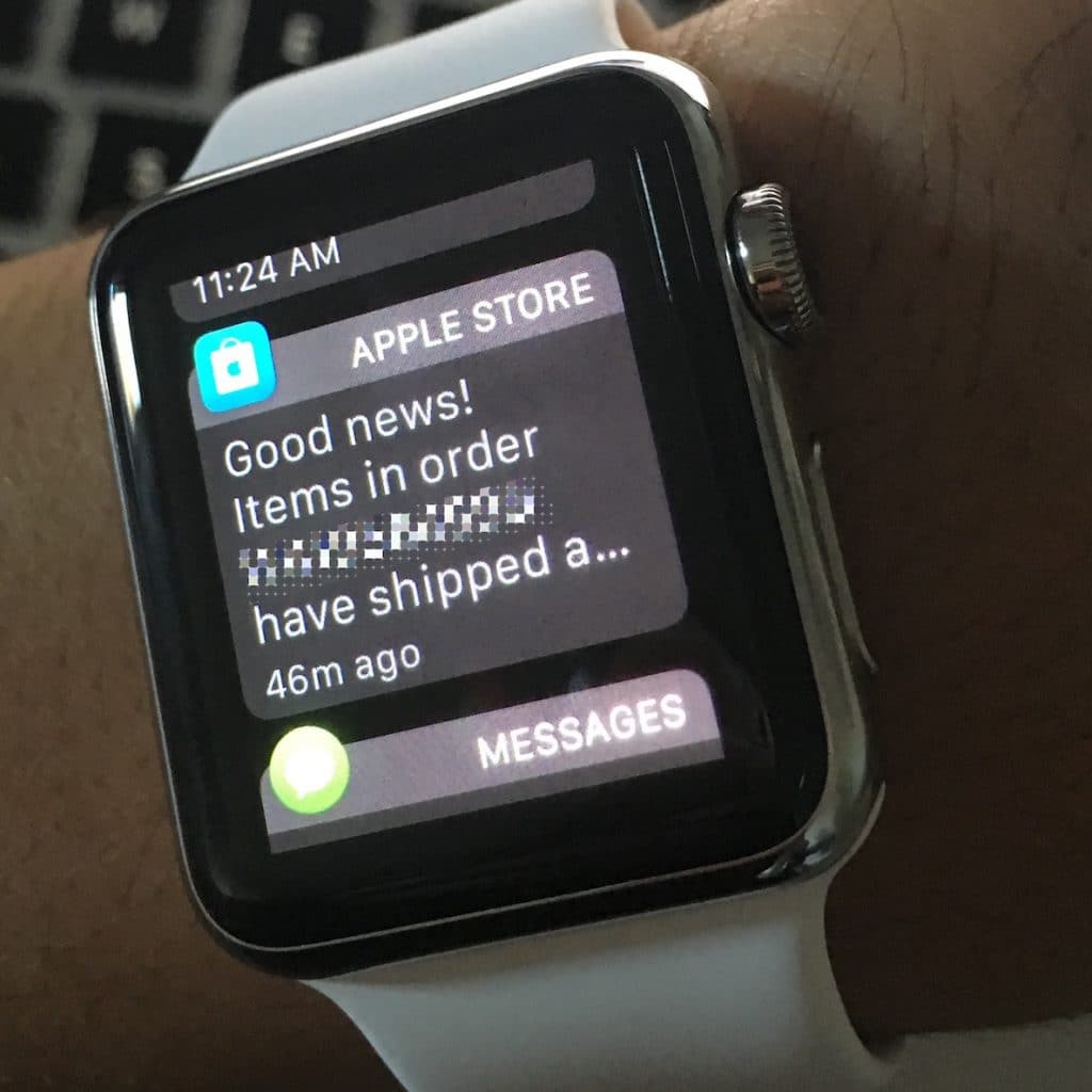 A close-up of a smartwatch on a person's wrist, displaying an email notification. The message from the Apple Store states, "Good news! Items in order [order number obscured] have shipped," with a timestamp indicating it was received 46 minutes ago.