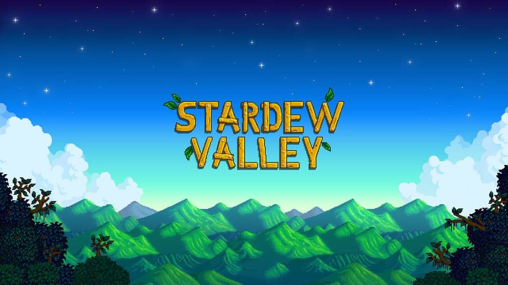 A pixel art scene from the game "Stardew Valley" on an iPad shows a tranquil mountain landscape with green hills, a gradient blue sky, and a starry night. The game's title "Stardew Valley" appears prominently in large, yellow, block letters.