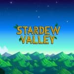 A pixel art scene from the game "Stardew Valley" on an iPad shows a tranquil mountain landscape with green hills, a gradient blue sky, and a starry night. The game's title "Stardew Valley" appears prominently in large, yellow, block letters.