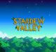 A pixel art scene from the game "Stardew Valley" on an iPad shows a tranquil mountain landscape with green hills, a gradient blue sky, and a starry night. The game's title "Stardew Valley" appears prominently in large, yellow, block letters.