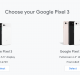 A webpage offers two models of the Google Pixel 3 smartphone. On the left is the Google Pixel 3 with a 5.5-inch display, starting at £739. On the right is the Google Pixel 3 XL with a 6.3-inch display, perfect for gaming, starting at £869. Both have 'Select' buttons underneath.