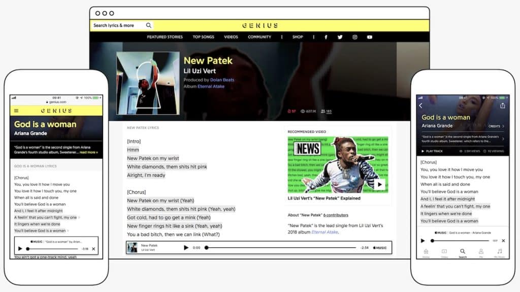 A desktop screen shows Genius lyrics for "New Patek" by Lil Uzi Vert with an embedded music video. To either side, Apple mobile screens display "God is a woman" by Ariana Grande, featuring lyrics and assigned colors. The background includes site navigation and ads promoting the lyric database.