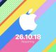 Colorful diagonal stripes with varying patterns surround the white Apple logo in the center. Below the logo, text reads "26.10.18 Reopening" at Apple's flagship store in London.