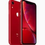 A red smartphone displaying a colorful screen is pictured. The slim design with rounded edges and a single rear camera suggests it’s the new iPhone XR. Given its design and the Apple logo on the back, this device could soon be available for pre-order.