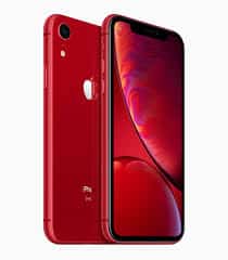 A red smartphone displaying a colorful screen is pictured. The slim design with rounded edges and a single rear camera suggests it’s the new iPhone XR. Given its design and the Apple logo on the back, this device could soon be available for pre-order.