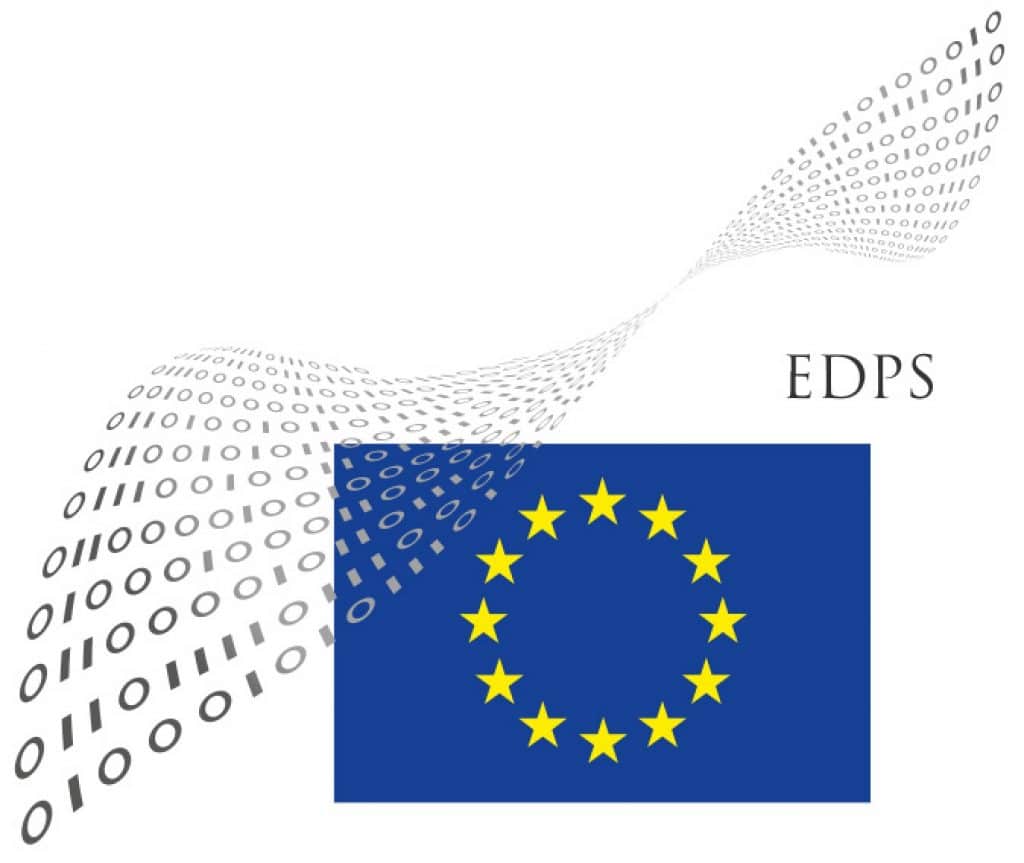 The image features the EDPS (European Data Protection Supervisor) logo. It includes a stylized representation of binary code forming an arc above the EU flag with yellow stars in a circle on a blue background, hinting at their significant keynote speech by Tim Cook on European data protection.