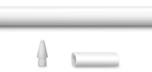 A white stylus pen, resembling the Apple Pencil, is horizontally positioned with its cap removed, revealing a charging connector. Below, the detached cap and an extra pen tip are displayed. The pen, launched this month, has a glossy finish with a metallic band near the charging end.