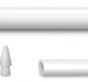 A white stylus pen, resembling the Apple Pencil, is horizontally positioned with its cap removed, revealing a charging connector. Below, the detached cap and an extra pen tip are displayed. The pen, launched this month, has a glossy finish with a metallic band near the charging end.