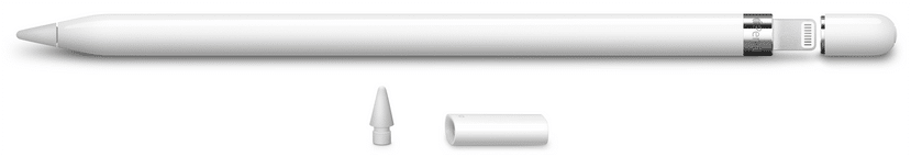 A white stylus pen, resembling the Apple Pencil, is horizontally positioned with its cap removed, revealing a charging connector. Below, the detached cap and an extra pen tip are displayed. The pen, launched this month, has a glossy finish with a metallic band near the charging end.