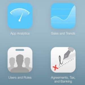 A grid of eight app icons on a light blue background. Icons include App Store (My Apps), speedometer (App Analytics), graph (Sales and Trends), financial reports (Payments and Financial Reports), iTunes Connect, user profiles (Users and Roles), signed document (Agreements, Tax, and Banking), and info sheet (Resources and Help).