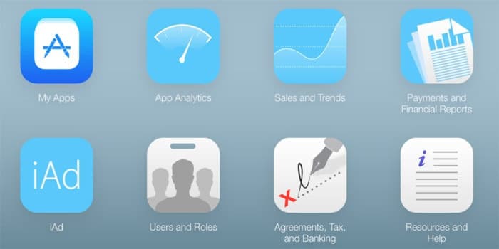 A grid of eight app icons on a light blue background. Icons include App Store (My Apps), speedometer (App Analytics), graph (Sales and Trends), financial reports (Payments and Financial Reports), iTunes Connect, user profiles (Users and Roles), signed document (Agreements, Tax, and Banking), and info sheet (Resources and Help).