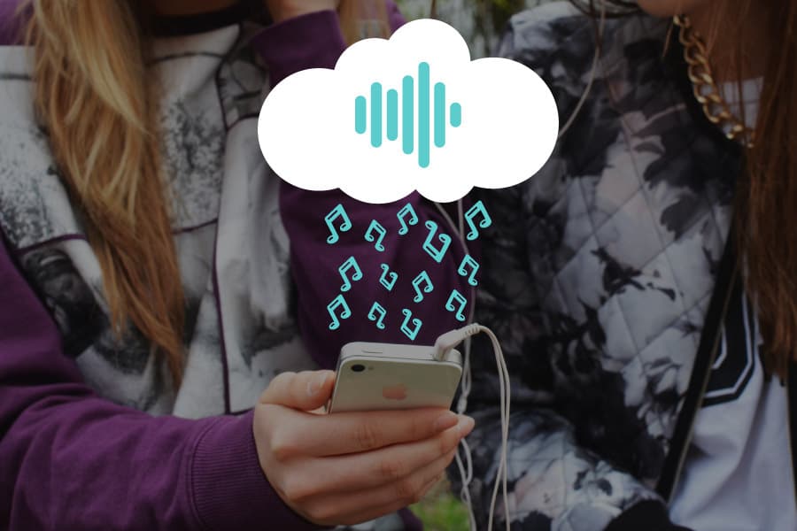 Two people are seen from the shoulders down, one holding a smartphone connected to earphones. A cloud icon with a soundwave and musical notes is overlayed above the phone, suggesting streaming or listening to music, perhaps via Apple Music or Amazon Prime Music.