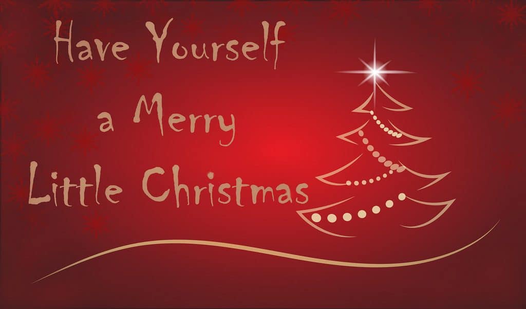 Red background with golden text reading "Have Yourself a Merry Little Christmas." To the right, a minimalist golden Christmas tree with a star at the top and a curved line beneath adds festive holiday cheer. Perfect for your Apple playlist cover.