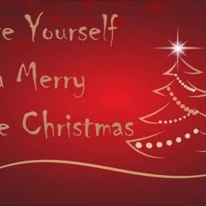 Red background with golden text reading "Have Yourself a Merry Little Christmas." To the right, a minimalist golden Christmas tree with a star at the top and a curved line beneath adds festive holiday cheer. Perfect for your Apple playlist cover.