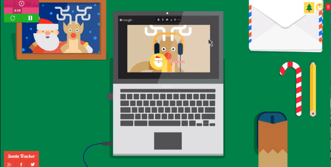 Illustration of a festive desk setup featuring a framed picture of Santa Claus and a reindeer, an open laptop showing the new and improved Santa Tracker by Google on a video call, a festive envelope, a yellow candy cane, and a brown paper bag, all on a green background.