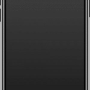 A detailed illustration of a modern Apple smartphone with a sleek, black screen and a thin silver frame. The all-OLED iPhone features a slight notch at the top for the front camera and sensors. The screen is off, displaying a blank, dark appearance.