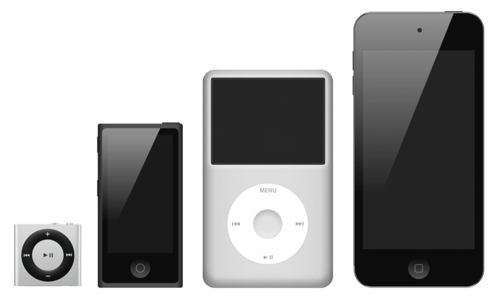 The image shows four different models of iPods in a row, arranged from left to right in order of increasing size. The models include an iPod Shuffle, iPod Nano, iPod Classic, and an iPod Touch. Each iPod has a distinct design reflecting its generation amid 2019 rumors of a new iPod.