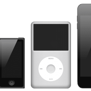 The image shows four different models of iPods in a row, arranged from left to right in order of increasing size. The models include an iPod Shuffle, iPod Nano, iPod Classic, and an iPod Touch. Each iPod has a distinct design reflecting its generation amid 2019 rumors of a new iPod.