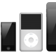 The image shows four different models of iPods in a row, arranged from left to right in order of increasing size. The models include an iPod Shuffle, iPod Nano, iPod Classic, and an iPod Touch. Each iPod has a distinct design reflecting its generation amid 2019 rumors of a new iPod.