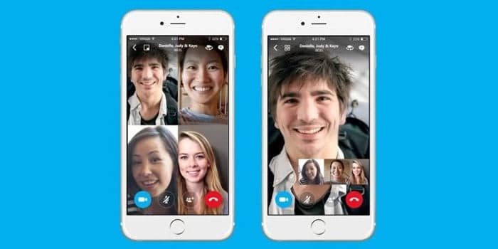 Two smartphones showing a video call in progress. The left screen displays a group call with four people, and the right screen shows one person on a call with three smaller video thumbnails at the bottom. With Apple’s focus on privacy concerns, these screens illustrate their FaceTime capabilities against a blue background.