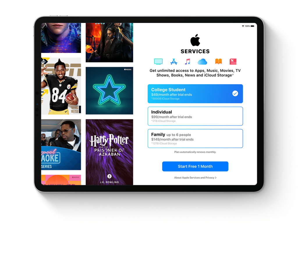 An iPad screen showcases various Apple Subscription Service options. The choices include: College Student for $5.99/month, Individual for $10.99/month, and Family for $15.99/month. Background images highlight diverse content offerings like TV shows, apps, and movies through Apple Services.