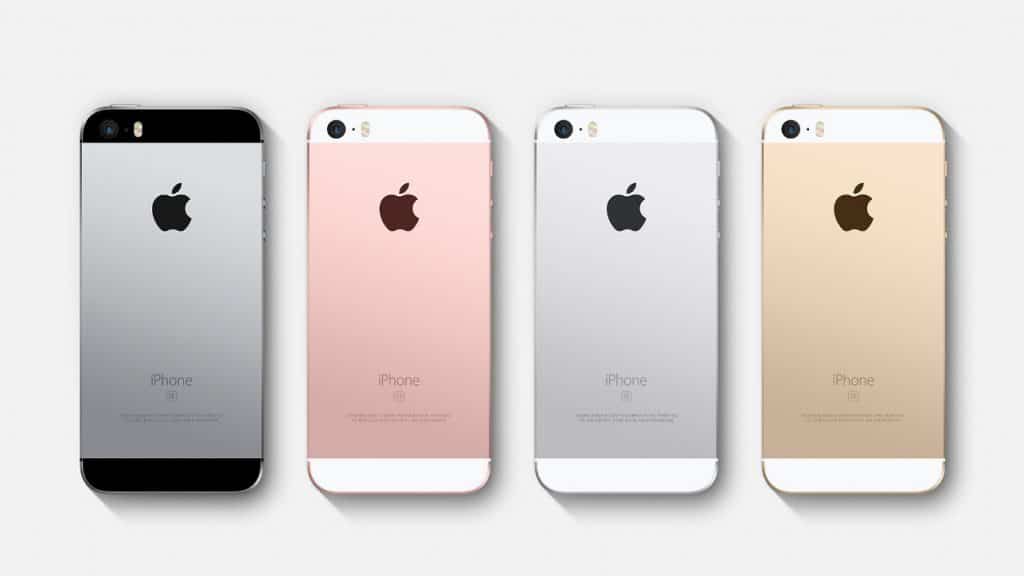 Four iPhone SE devices are shown from the back, each in different colors: Space Gray, Rose Gold, Silver, and Gold. Lined up in a row against a white background, they proudly display the Apple logo and the word "iPhone SE" at the bottom. Starting at just $249, these are a stylish bargain.