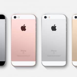 Four iPhone SE devices are shown from the back, each in different colors: Space Gray, Rose Gold, Silver, and Gold. Lined up in a row against a white background, they proudly display the Apple logo and the word "iPhone SE" at the bottom. Starting at just $249, these are a stylish bargain.