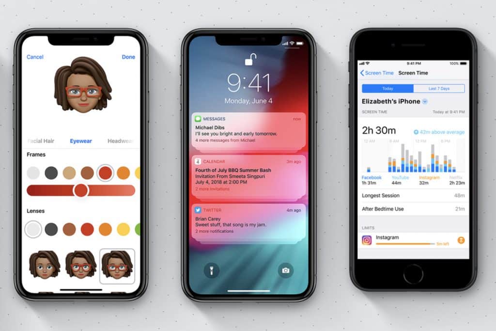 Three phones are displayed side by side with different screens. The first shows a Memoji customization screen in iOS 12, the second shows lock screen notifications, and the third displays Screen Time statistics.