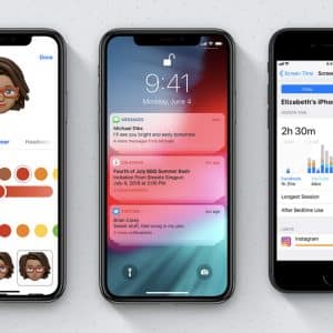 Three phones are displayed side by side with different screens. The first shows a Memoji customization screen in iOS 12, the second shows lock screen notifications, and the third displays Screen Time statistics.