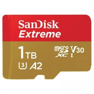 An image of a SanDisk Extreme microSD Card with a storage capacity of 1 Terabyte. The card has a striking red and gold design and displays symbols indicating it supports U3, A2, V30, and XC I standards.