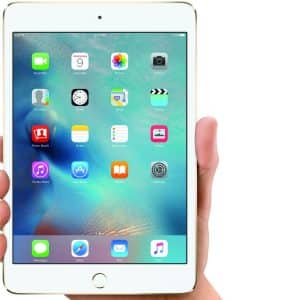 A hand holding a gold iPad Mini with a white front, believed to be the iPad mini 5. The screen displays several app icons, including FaceTime, Calendar, Photos, Camera, Maps, and Settings against a colorful abstract background. With its Touch ID sensor on the home button, this leak suggests major updates ahead.